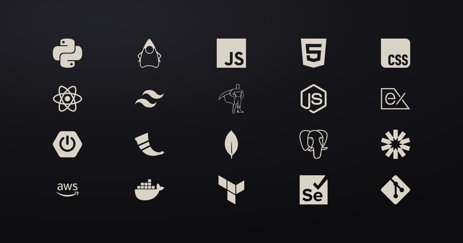 The stack, laid out: Python, Java, JavaScript, HTML and CSS; React, Tailwind, GSAP, Node and Express; Spring Boot, Flask, MongoDB, PostgreSQL and JWT; AWS, Docker, Terraform, Selenium and Git