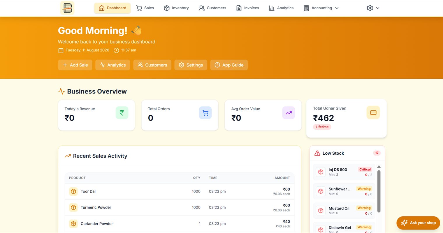 The shop dashboard — today’s revenue, order count, udhaar given, recent sales and low-stock warnings