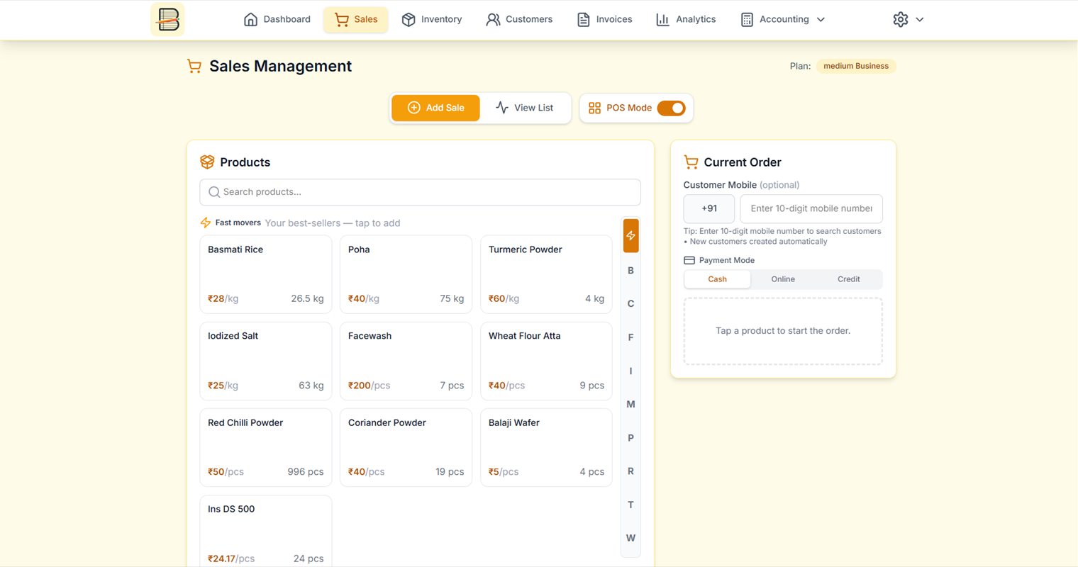 Sales in POS mode — the product grid on the left, the current order building on the right