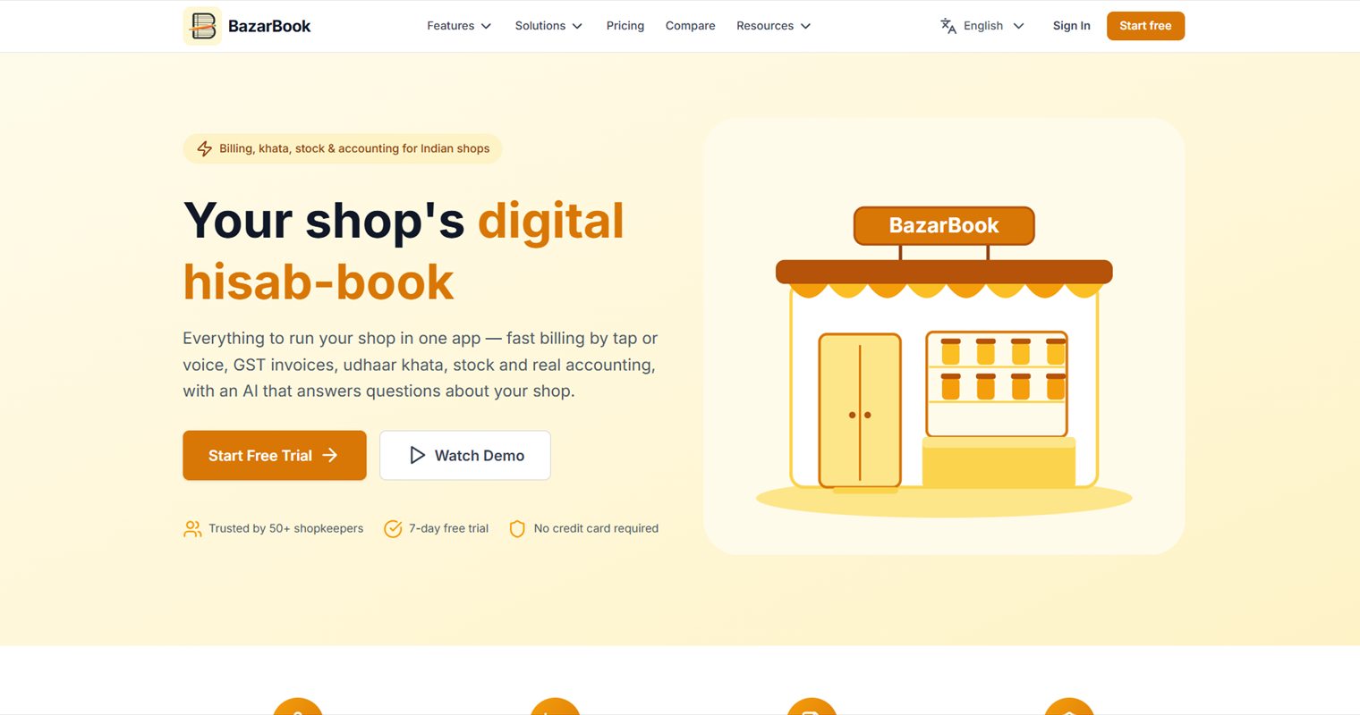 The BazarBook site — billing, khata, stock and accounting for Indian shops