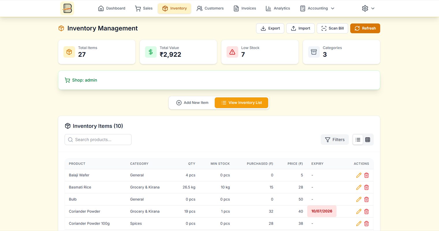 Inventory — total stock value, low-stock count and the item list with expiry dates