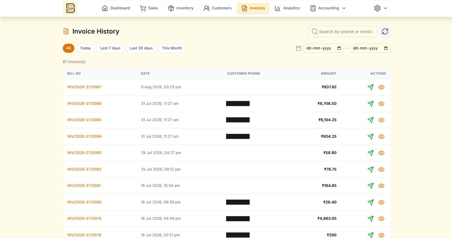 Invoice history — 87 GST invoices, customer phone numbers redacted