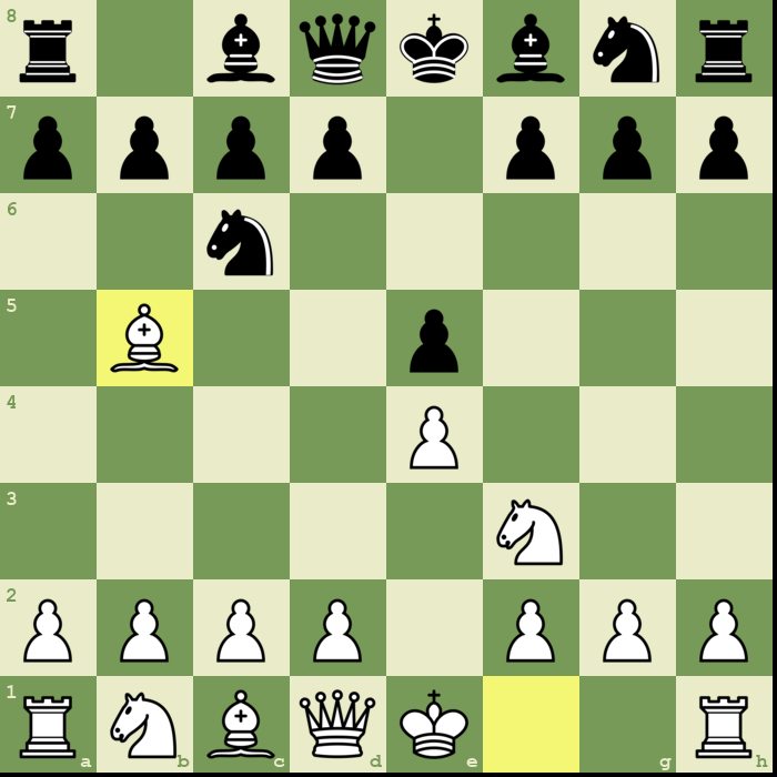 Three moves into a Ruy Lopez — the engine marks the square the bishop left and the one it landed on