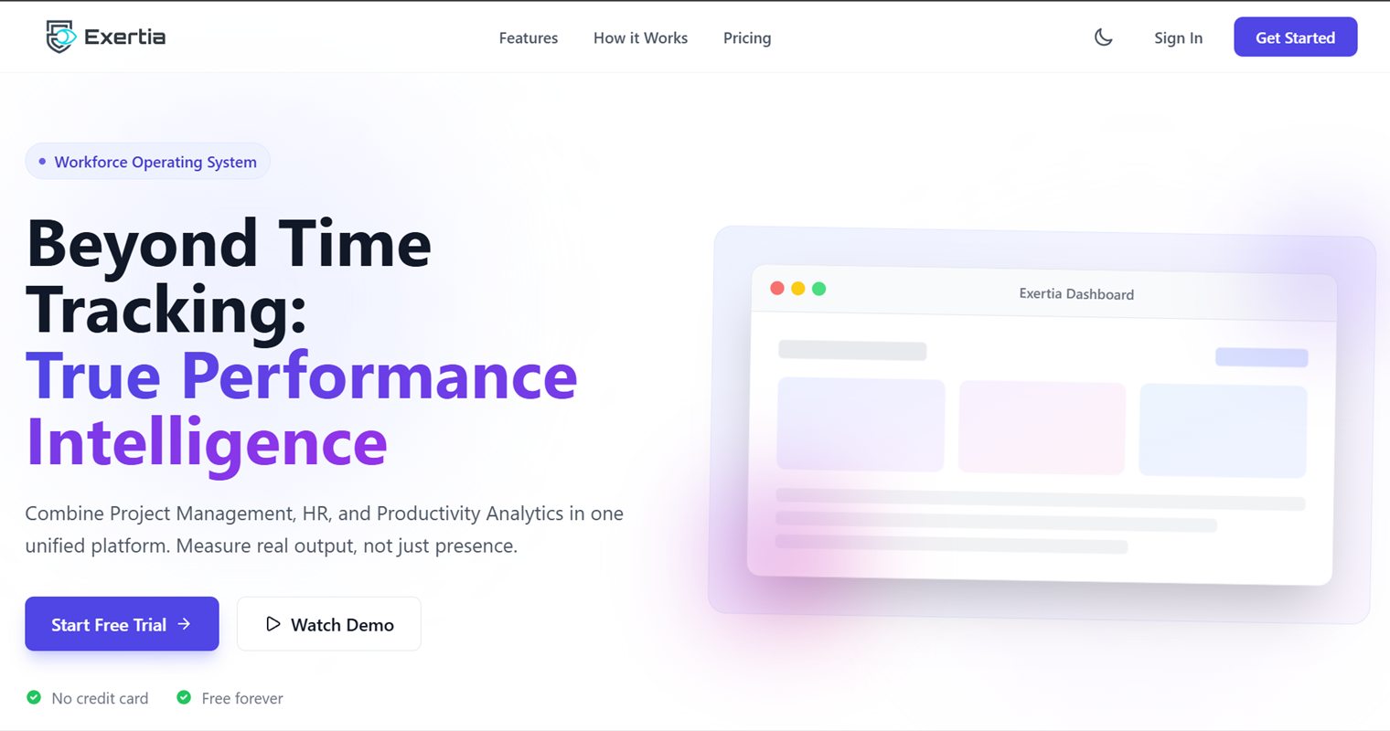 The Exertia site — "Beyond time tracking: true performance intelligence"