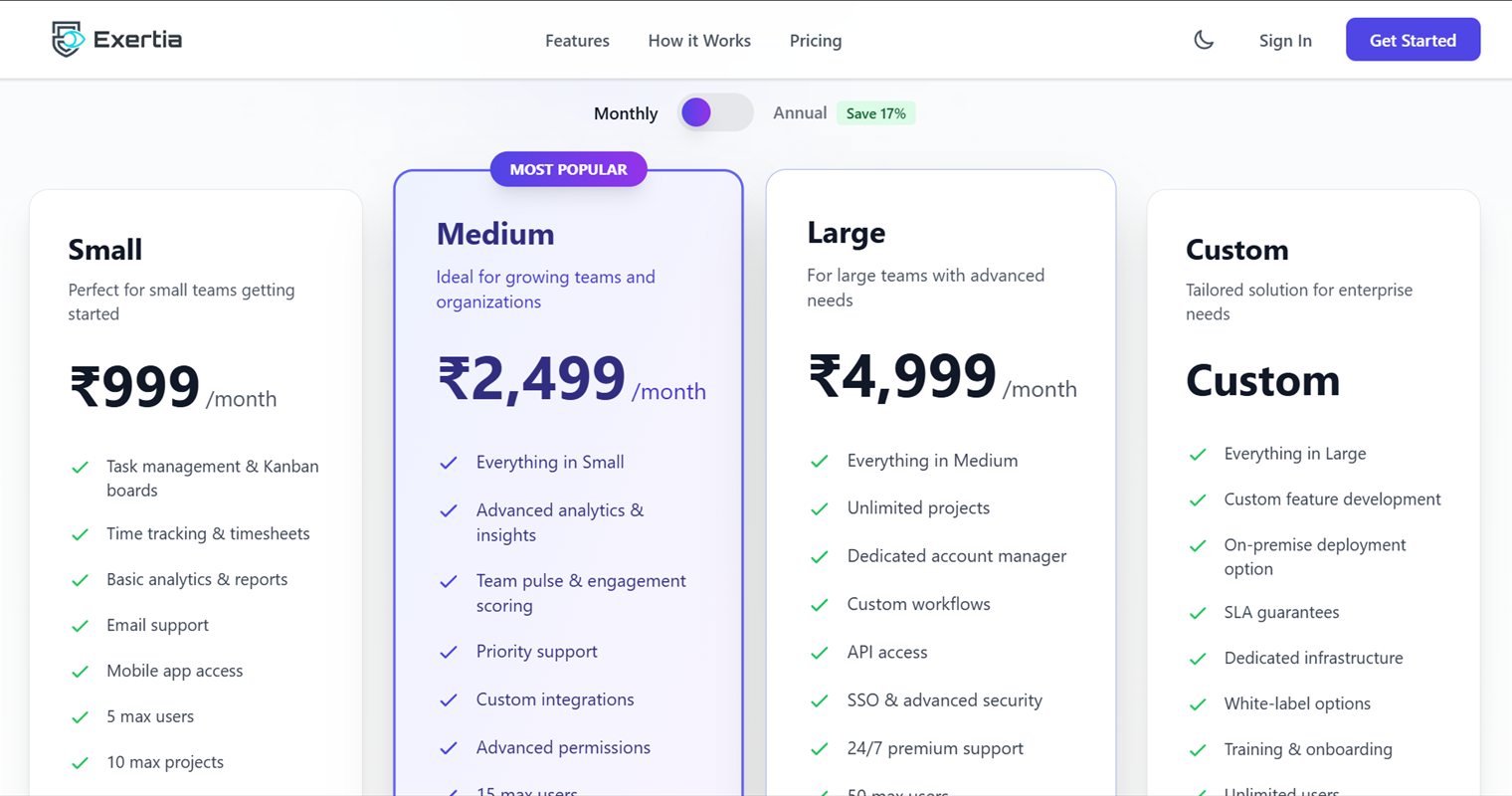 Pricing — Small, Medium, Large and Custom plans