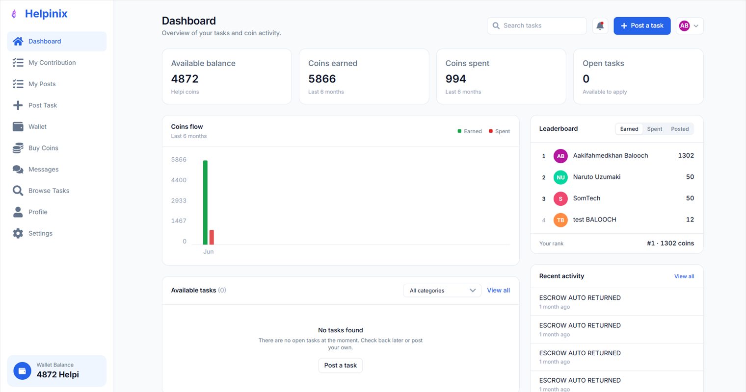 The dashboard — coin balance, coins earned and spent, the leaderboard and escrow activity