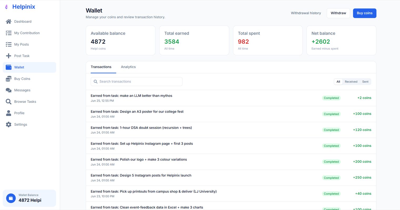 The wallet — earned, spent and net balance, with every task settlement listed
