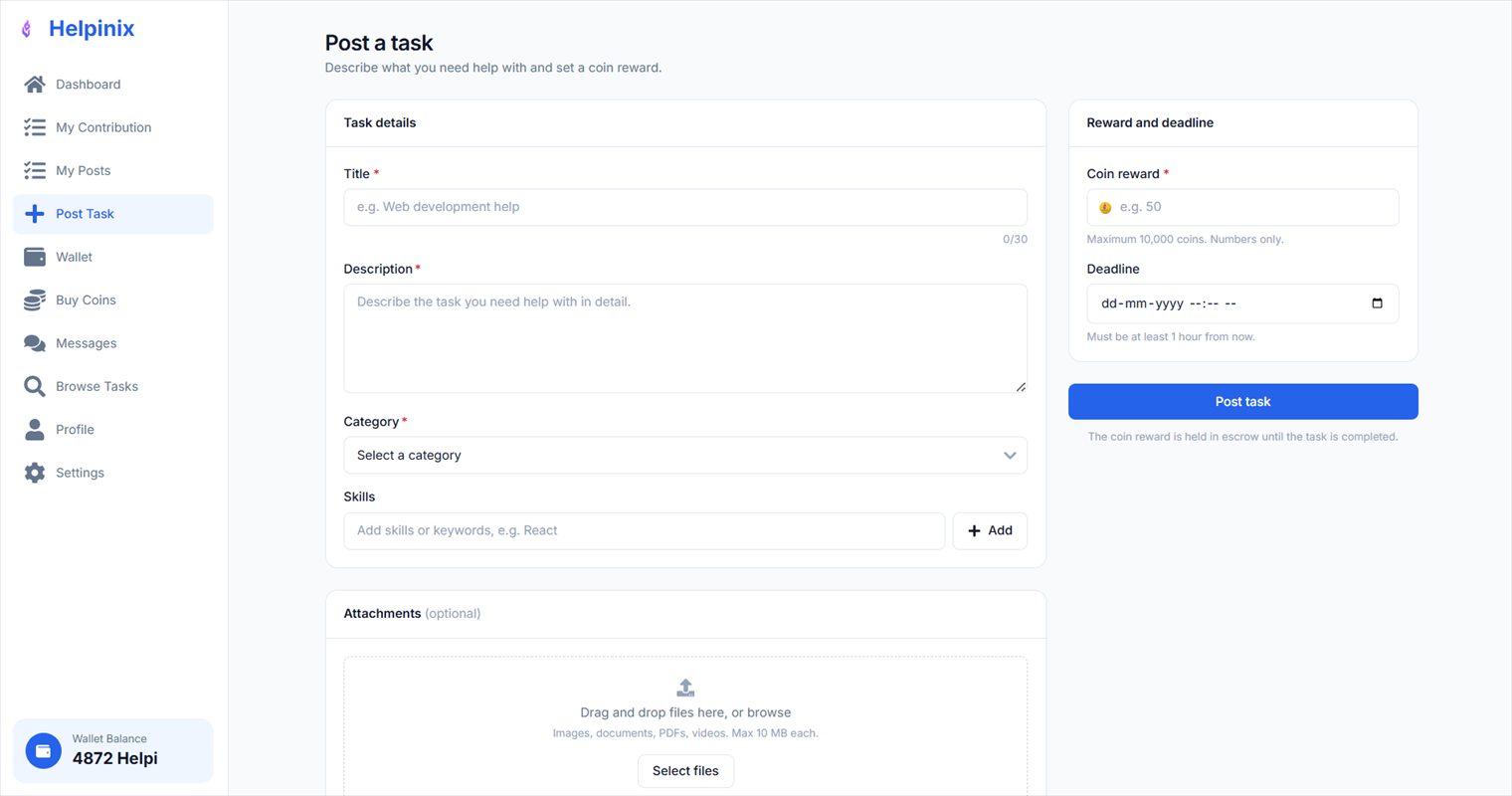 Posting a task — description, category, skills, and the coin reward that goes into escrow