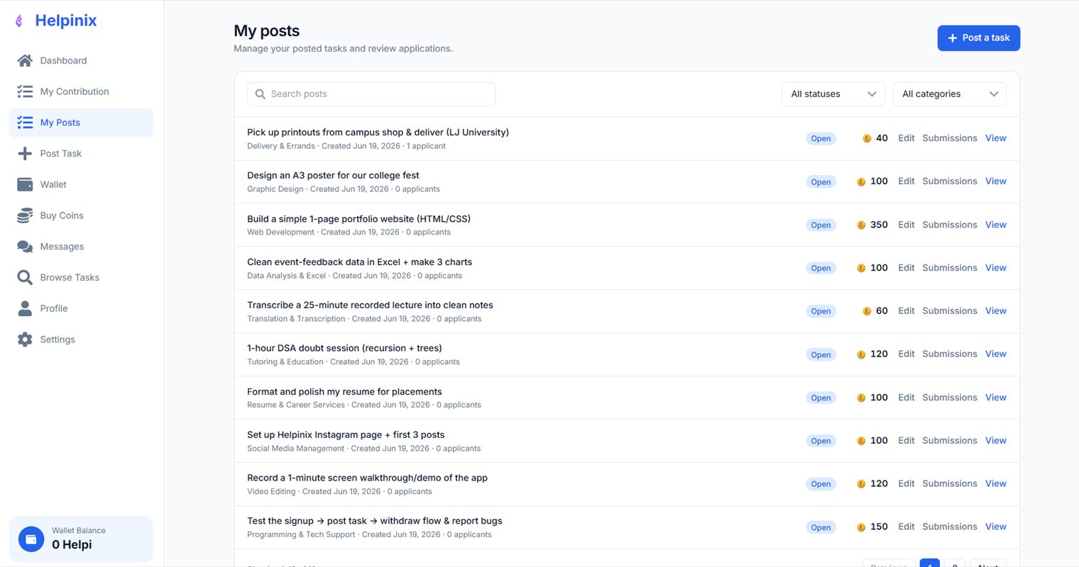 My posts — each task with its coin reward, status and applicant count