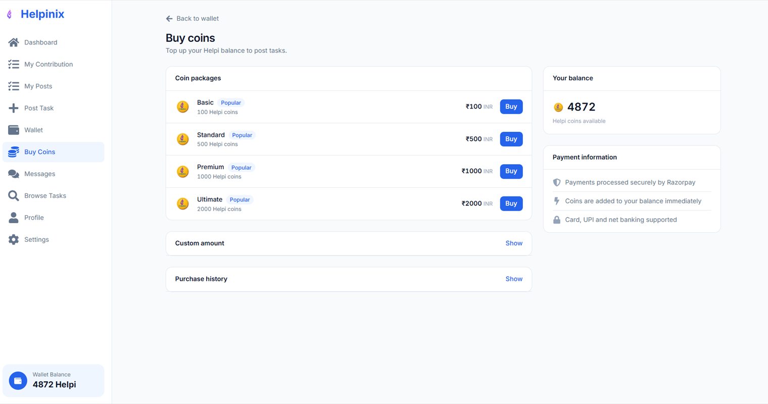 Buying coins — packages priced in rupees, settled through Razorpay