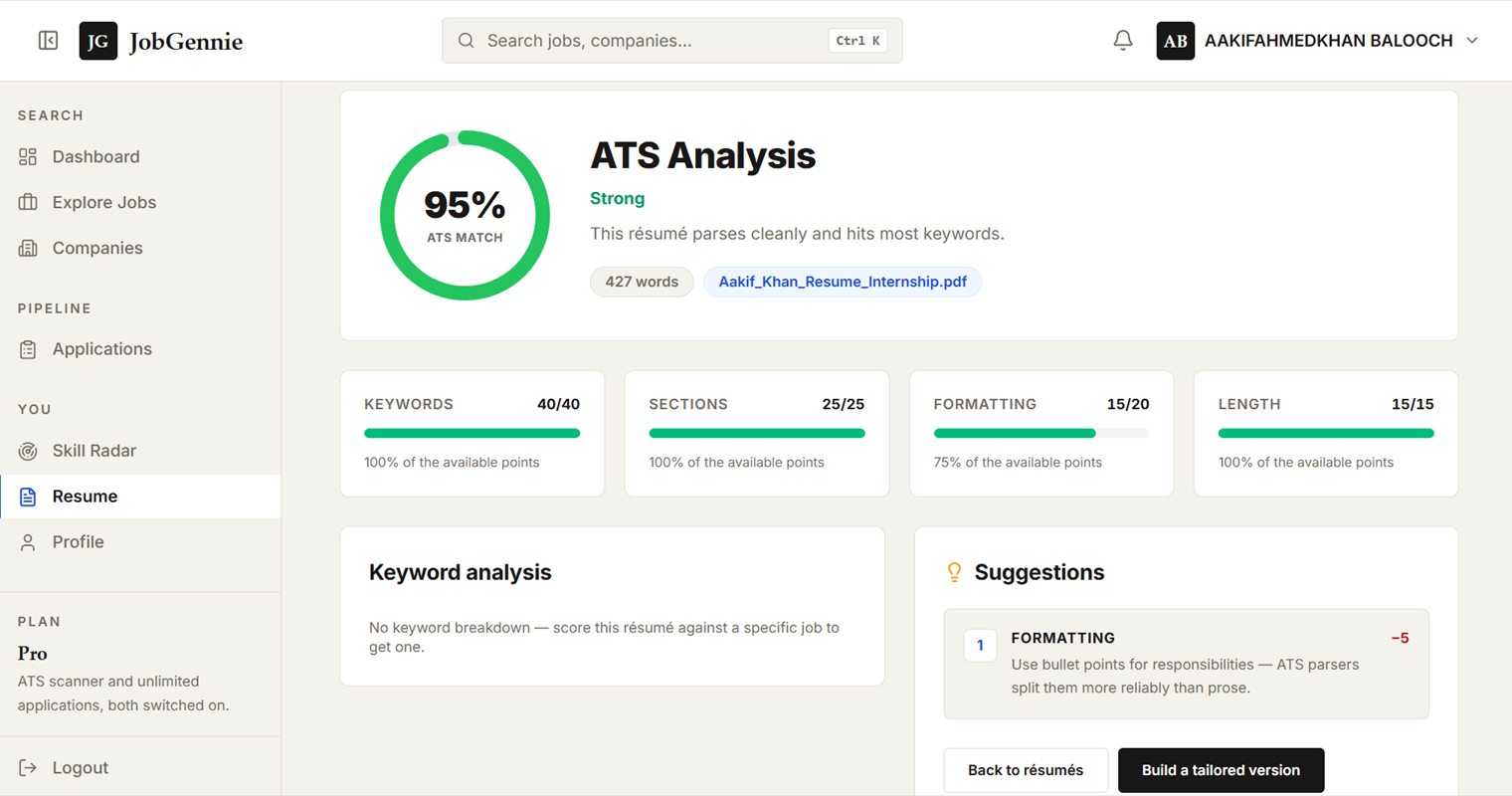 The ATS analysis — a 95% match split into keywords, sections, formatting and length, with the fixes