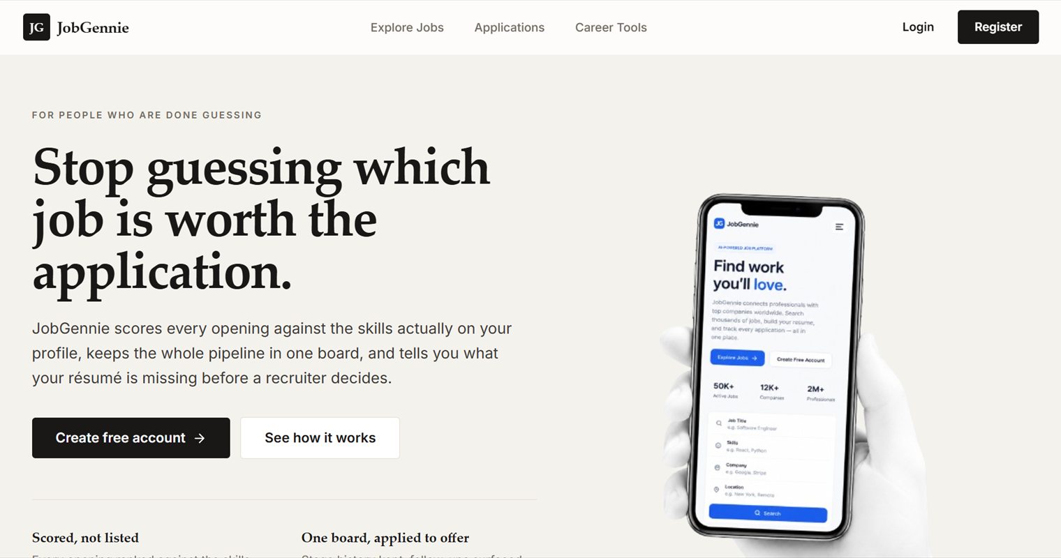 The JobGennie site — "Stop guessing which job is worth the application"