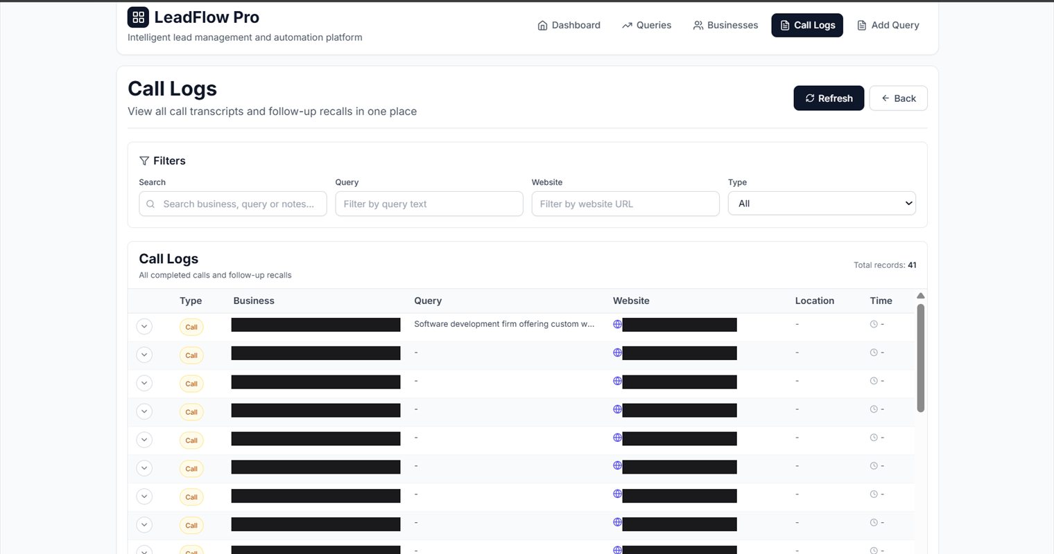 Call logs — 41 completed calls and follow-up recalls, the scraped businesses redacted